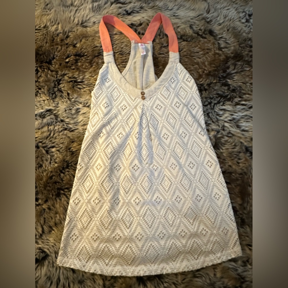 Cream V Neck Tank Top with Die Cut Detail & Coral Straps